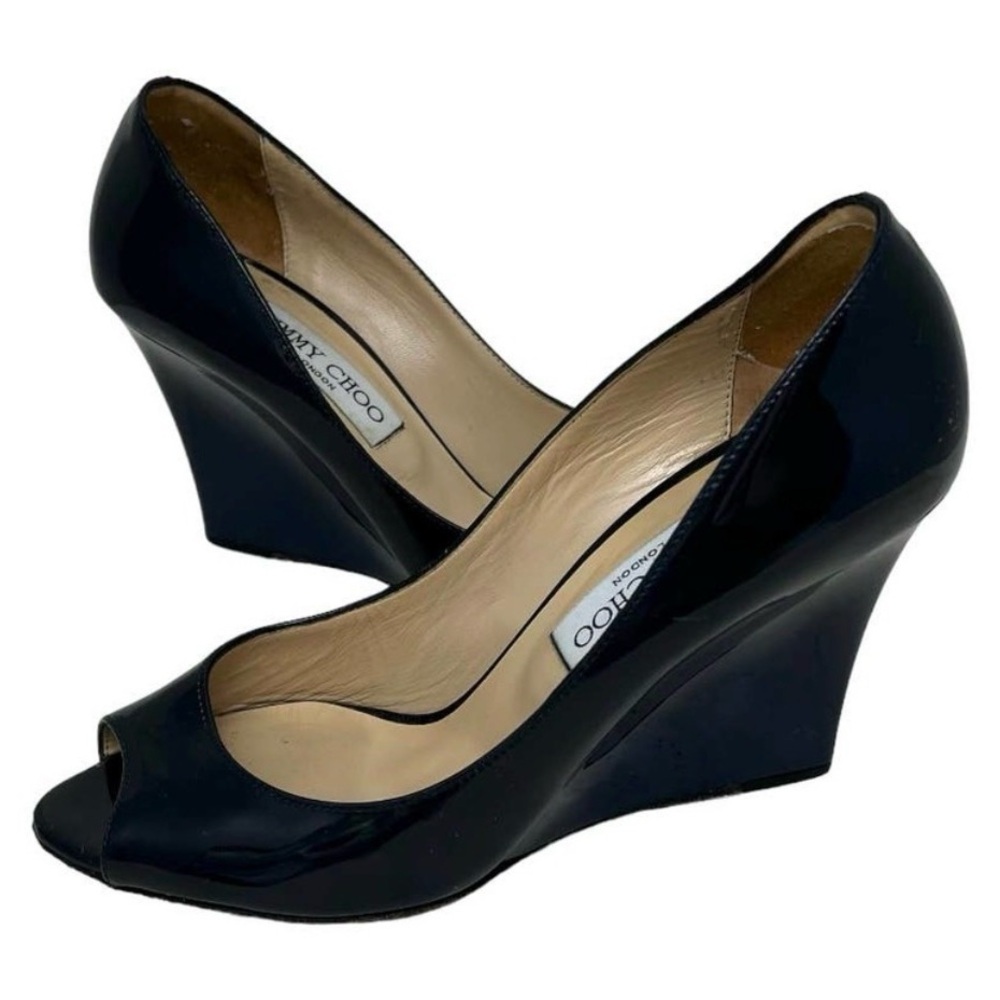 Jimmy Choo Baxen Navy Blue Peep Toe Wedge Heels 7